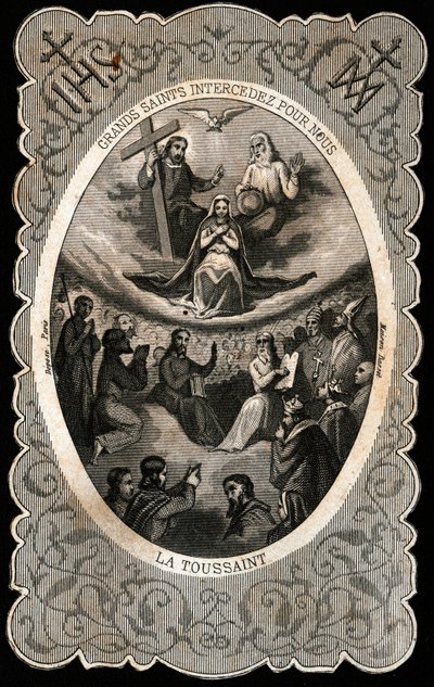 La Vergine Maria con la Santissima Trinità (Dio, Gesù Cristo e la colomba dello Spirito Santo). Carta dentellata. XIX secolo. Collezione privata da Anonymous Anonymous