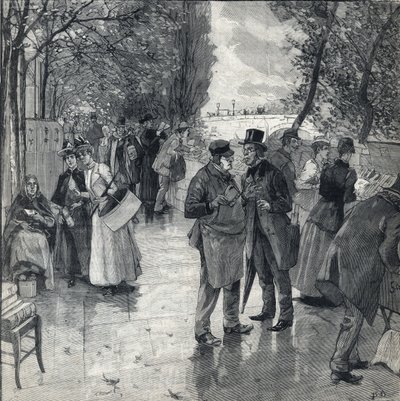 La passeggiata dei librai lungo le rive dei quai a Parigi. Incisione in 