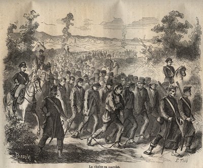 La catena iniziata al Bagne di Tolone nel XIX secolo. Incisione in "Histoire des bagnes depuis leur création à nos jours" (1877) di Pierre Zaccone (1817-1895). Collezione privata da Anonymous Anonymous