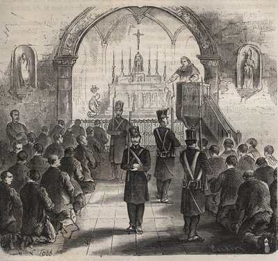 La cappella del Bagne di Tolone nel XIX secolo. Incisione in "Histoire des bagnes depuis leur création à nos jours" (1877) di Pierre Zaccone (1817-1895). Collezione privata. da Anonymous Anonymous