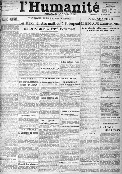 Il colpo di stato in Russia sui titoli del giornale socialista "Humanity". Titoli: "I padroni massimalisti a Pietrogrado", "Kerensky è stato deposto", 9/11/1917 da Anonymous Anonymous