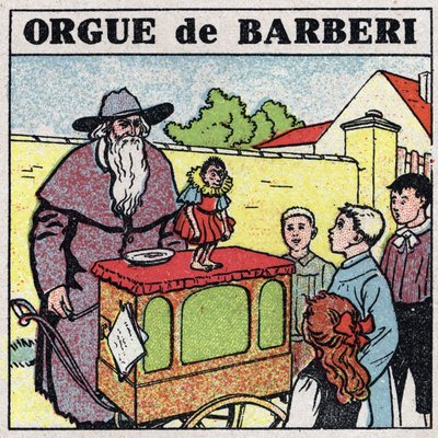 Gli effetti della musica: un suonatore di organetto e una scimmia intrattengono i bambini in una strada. Illustrazione anonima del 1925. Collezione privata. da Anonymous Anonymous