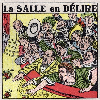 Gli effetti della musica: spettatori di un teatro che esprimono la loro gioia con grida, applausi e fiori. Illustrazione anonima del 1925. Collezione privata. da Anonymous Anonymous