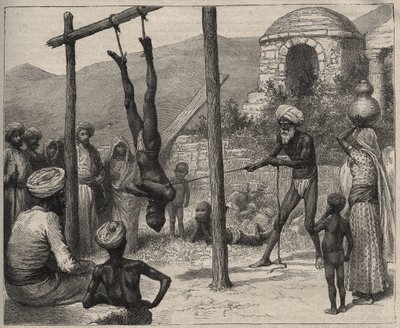 Il fachiro in India - I fachiri in India - appeso per i piedi a una barra di legno - incisione del 1892 in "Journal des voyages" da Anonymous Anonymous