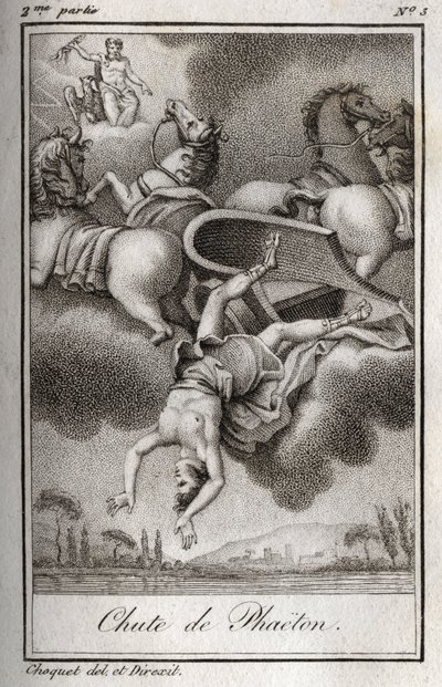 La caduta di Fetonte. Fetonte, incapace di controllare il carro di Elio, fu colpito da Zeus e cadde nel fiume Eridano. Incisione del 1819 in 