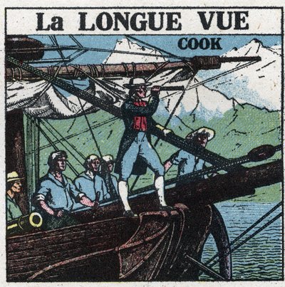 I primi strumenti ottici: il Capitano James Cook (1728-1779), a prua della sua nave, osserva le terre meridionali con il cannocchiale. Illustrazione anonima del 1925. Collezione privata. da Anonymous Anonymous