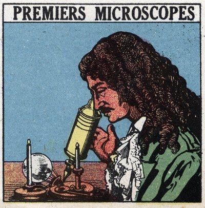I primi strumenti ottici: microscopio usato al tempo di Christiaan Huygens (Huyghens) (1629-1695). Illustrazione anonima del 1925. Collezione privata. da Anonymous Anonymous