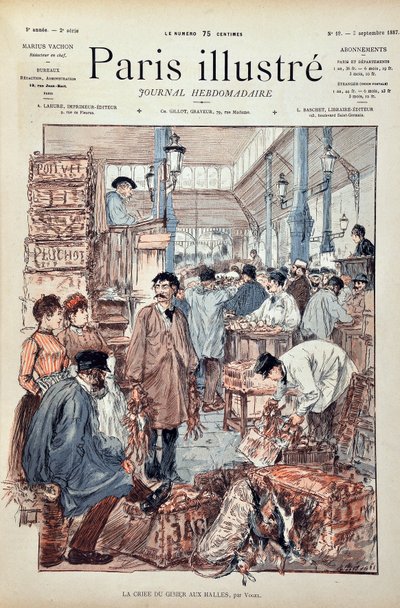 Il gioco criee alle Halles di Parigi nel 1887. Illustrazione di Hermann Vogel (1856-1918). Incisione del 1887 in "Paris-Illustrous journal weekly". da Anonymous Anonymous