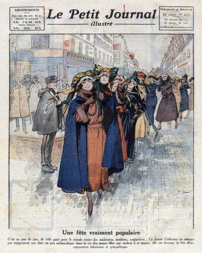 Il viaggio delle catherinettes, giovani ragazze celibi che indossano cappelli tradizionali, per le strade di Parigi. Illustrazione tratta da "Le petit journal illustré" del 04/12/1921. Collezione privata da Anonymous Anonymous