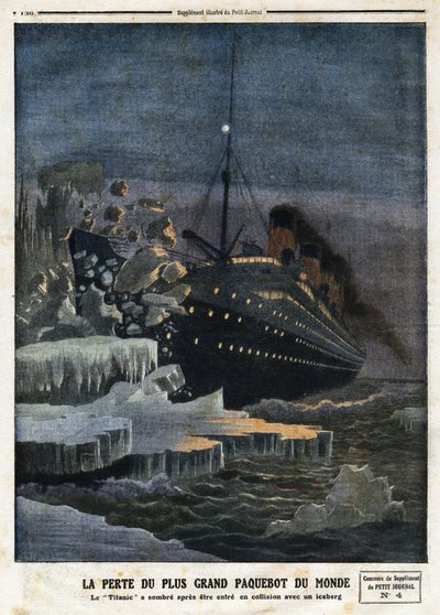 La perdita del più grande transatlantico del mondo: il Titanic è affondato dopo aver colpito un iceberg, incisione in 