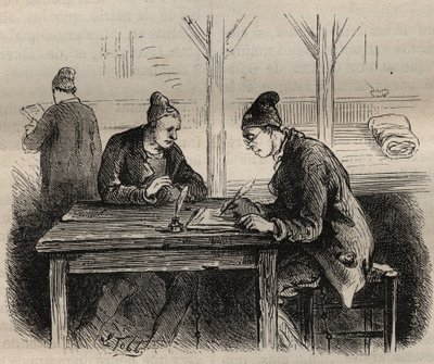 Il pubblico scrittore al bagno penale di Tolone nel XIX secolo. Incisione in “Histoire des bagnes depuis leur création à nos jours” (1877) di Pierre Zaccone. Collezione privata. da Anonymous Anonymous