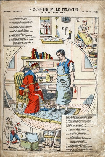 Il risparmiatore e il finanziere. Illustrazione anonima per Les Fables di Jean de La Fontaine. Imaging di Pont-a-Mousson, circa 1880. Collezione privata. da Anonymous Anonymous
