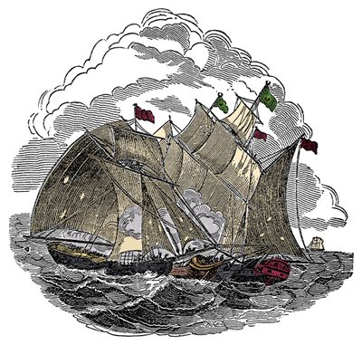 La nave del pirata Henry Every attaccò nel settembre 1695 la flotta del grande Mughal Aurangzeb al largo di Surat, India. Incisione da 