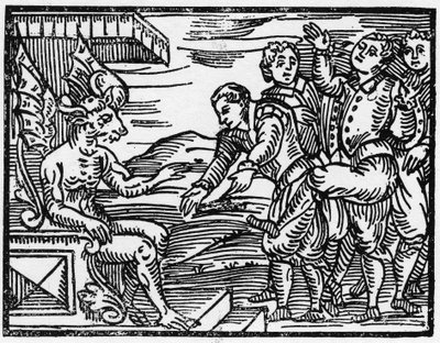 Gli stregoni rendono omaggio al diavolo - "Compendium Maleficarum", tratta delle streghe, dei loro mali e dei loro sortilegi di Francesco Maria Guazzo o Guaccio o Guaccius (15??? -16??) 1608 Collezione Privata da Anonymous Anonymous