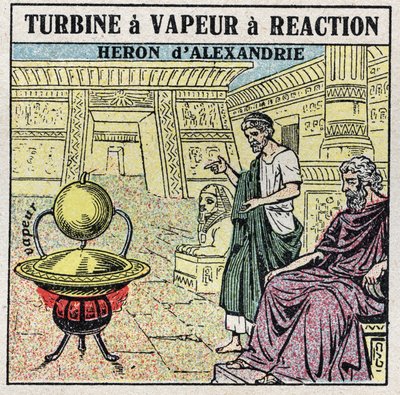 La macchina a vapore: una turbina a vapore a reazione. Eolipila inventata dal greco Erone di Alessandria nel I secolo d.C. Illustrazione anonima del 1925. Collezione privata. da Anonymous Anonymous