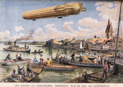 Le prove del dirigibile Zeppelin sul Lago di Costanza in Germania. Incisione dal giornale 