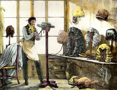 Il parrucchiere che acconcia una parrucca di catogan, parrucchiere da uomo. Incisione da Mirror shows, lettere, meds, ecc. Le arti 1821-1823 Collezione privata da Anonymous Anonymous