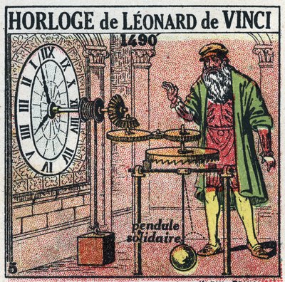 Tempo: orologio a peso inventato da Leonardo da Vinci (1452-1519) nel 1490. Sostituisce il volantino con un bilanciere verticale. Illustrazione anonima del 1925. Collezione privata. da Anonymous Anonymous