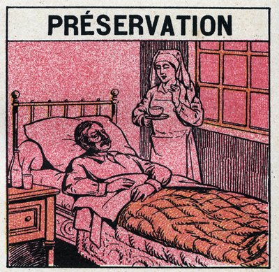 Raggi ultravioletti: per evitare cicatrici causate dal vaiolo, i pazienti dovrebbero essere trattati in stanze o entrare solo in luce rossa, priva di raggi ultravioletti. Illustrazione anonima del 1925. Collezione privata. da Anonymous Anonymous