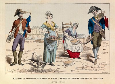 Venditore di ombrelli, venditore di fiori, cardatore di materassi e venditore di soffietti a Parigi nel XVIII secolo - collezione privata da Anonymous Anonymous