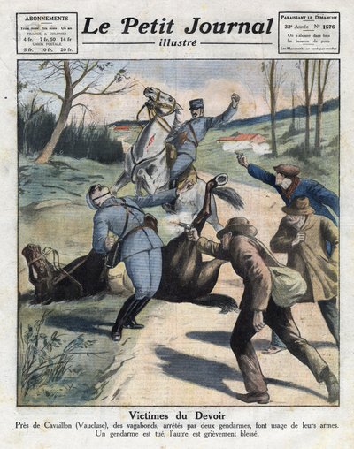 Vari fatti: omicidio di due gendarmi da parte di criminali vagabondi sulla strada per Cavaillon nel Vaucluse. Illustrazione tratta da "Le petit journal" del 06/03/1921. Collezione privata da Anonymous Anonymous