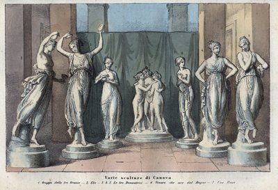 Varie sculture di Canova - Le Tre Grazie - Ebe - Le Tre Grazie Danzanti - Venere Italica - Musa - incisione da "Usi e Costumi di Tutti i Popoli dell