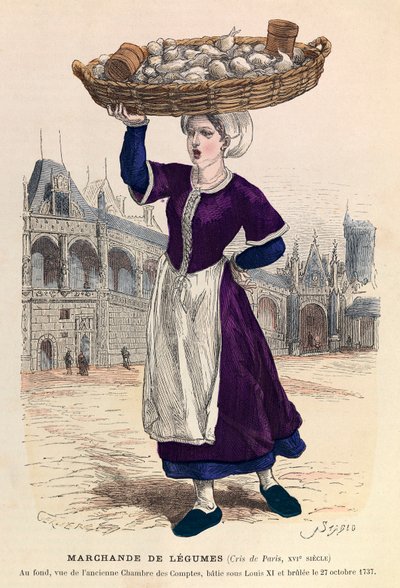 Venditore di verdure a Parigi nel XVI secolo (sullo sfondo, vista dell