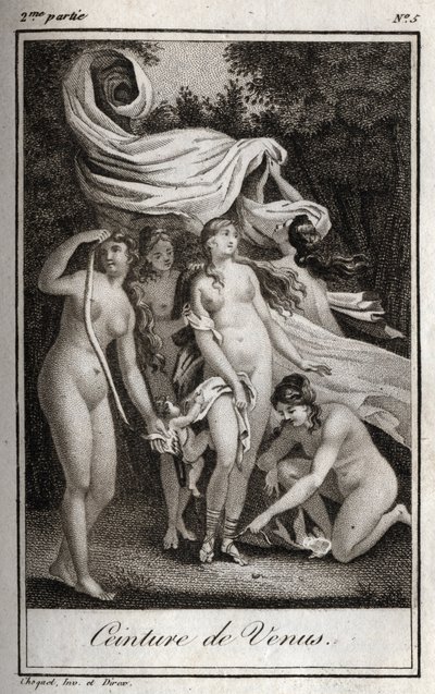 Cintura di Venere: mentre la battaglia continua a favore dei Troiani, Giunone usa la cintura di Venere per incantare Giove e il sonno per addormentarlo. Incisione del 1819 in "Lettere a Emilie sulla mitologia" di Charles Albert Demoustier (1760-1801). Coll da Anonymous Anonymous