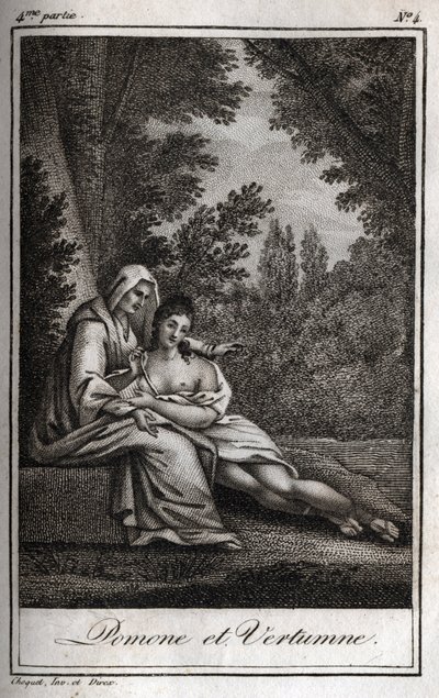 Vertumno e Pomona (Giove e Cerere): Vertumno, innamorato della ninfa Pomona, si traveste da vecchia per avvicinarla. Incisione del 1819 in "Lettres à Emilie sur la mythologie" di Charles Albert Demoustier (1760-1801). Collezione privata da Anonymous Anonymous