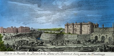 Vista della Bastiglia di Parigi, della Porta Saint Antoine e parte del sobborgo nel XVIII secolo, Incisione, Collezione privata da Anonymous Anonymous