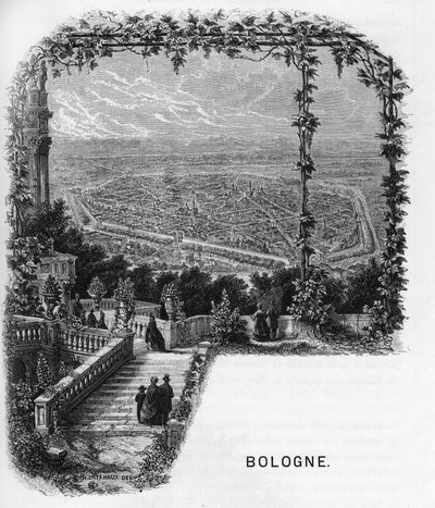 Veduta della città di Bologna, Italia. Incisione del 1859 in 