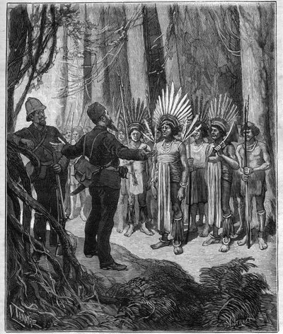 Viaggio di Henri Coudreau, professore di geografia ed esploratore nel territorio indiano della Guyana - riceve dai capi Roucouyan - incisione in "Journal des voyages" del 1889 da Anonymous Anonymous