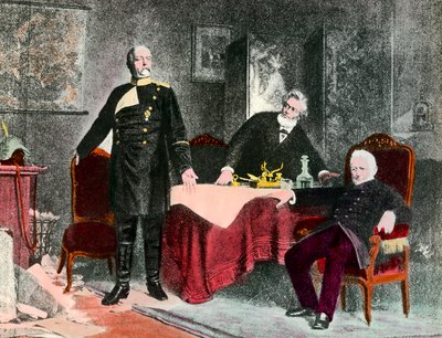 Guerra del 1870: intervista politica tra il Cancelliere Bismarck (1815-1898), Jules Favre (1809-1880) e Adolphe Thiers (1797-1877). Incisione intorno al 1870. Collezione privata da Anonymous Anonymous