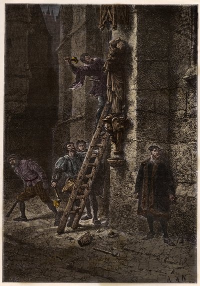 Guerra di Religione - Iconoclastia - Distruzione di oggetti sacri da parte degli eretici (protestanti) nel XVI secolo in Francia - Eretici iconoclasti in Francia - Furia iconoclasta - I protestanti distruggono immagini di Maria e del Bambino Gesù - incisio da Anonymous Anonymous