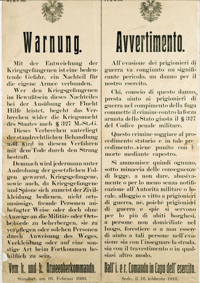 Avviso dopo la fuga dei prigionieri di guerra italiani il 16 febbraio 1916 che chiede alla popolazione austriaca di non aiutarli da Anonymous Anonymous