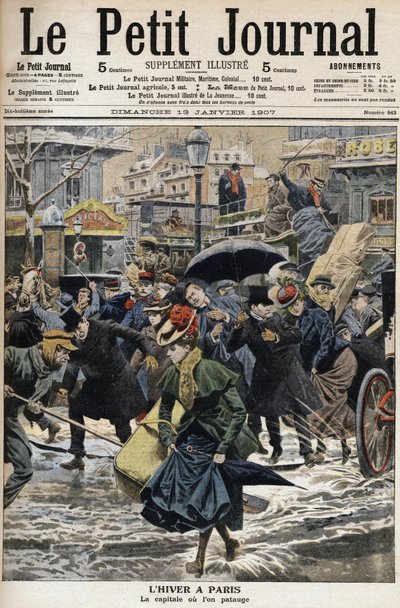 Inverno a Parigi: i piccioni camminano nella neve sciolta e le diligenze dei passanti. Incisione sulla prima pagina del Petit Journal da Anonymous Anonymous