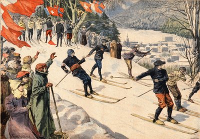 Sport invernali: competizione di sci a Chamonix in Alta Savoia nelle Alpi, Francia. Bandiere svizzere e francesi incoraggiano gli sciatori. Incisione dal giornale 