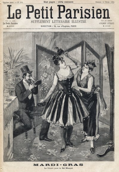 Donne che preparano il loro travestimento dietro uno schermo e uomo che prova la sua maschera a forma di tubo di elefante per il Ballo in Maschera del Carnevale. da Anonymous Anonymous