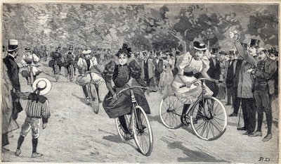Corsa femminile di velocipedisti al Bois de Boulogne vicino a Parigi. Incisione in "Le Petit Parisien" del 25/06/1893 da Anonymous Anonymous