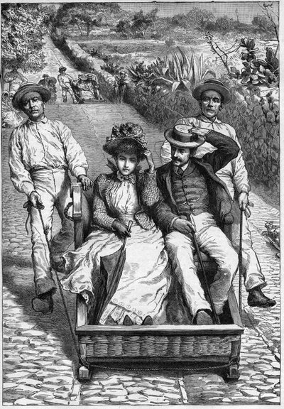 Carros de cesto a Madeira 1893 - Les corinhos (carrieros) a Madeira - uomini che guidano un sedile a due posti su ruote (un corinho). Incisione in 