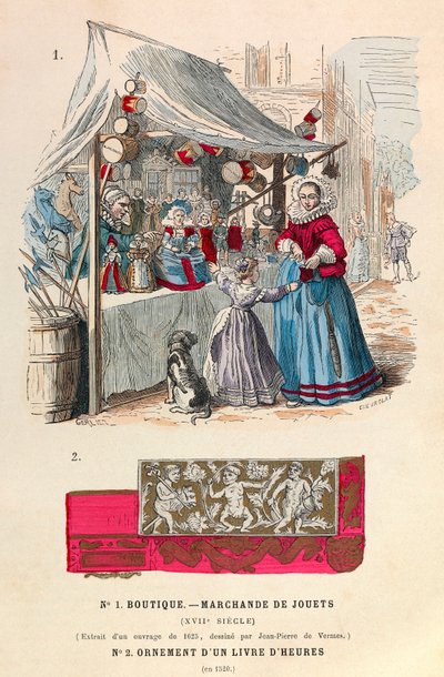 Una bottega di giocattoli nel XVII secolo / in basso un ornamento di un libro d