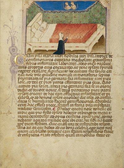 Suor Guliema prega i santi Aimo e Vermondo per la sorella malata Maria, moglie di Andreas de Confalonieri di Milano. da Anovelo da Imbonate