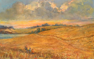 Campi di grano al tramonto con vista sul fiume Orwell da Anthea Durose