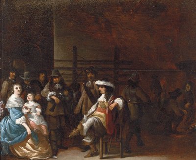 Interno di una guardia con cavaliere che conversa con madre e figlio da Anthonie Palamedesz