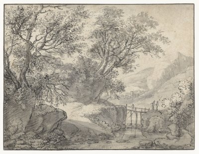 Paesaggio montano con alberi e un ponte su un ruscello da Anthonie Waterloo