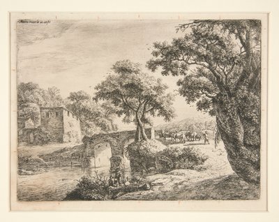 Gregge vicino a un ponte di pietra da Anthonie Waterloo