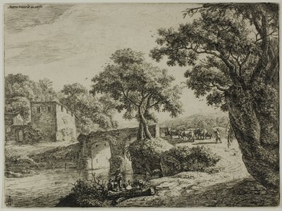 Branco vicino a un ponte di pietra da Anthonie Waterloo