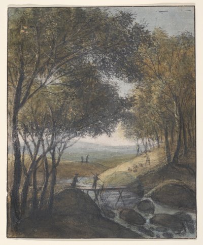 Paesaggio con un viaggiatore che attraversa un ponte (recto); Schizzi di un cancello, un ponte e un municipio (verso) da Anthonie Waterloo