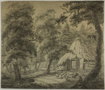 Capanna di paglia nei boschi con pastore e pecore da Anthonie Waterloo