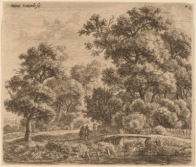 Paesaggio boscoso con un ponte da Anthonie Waterloo